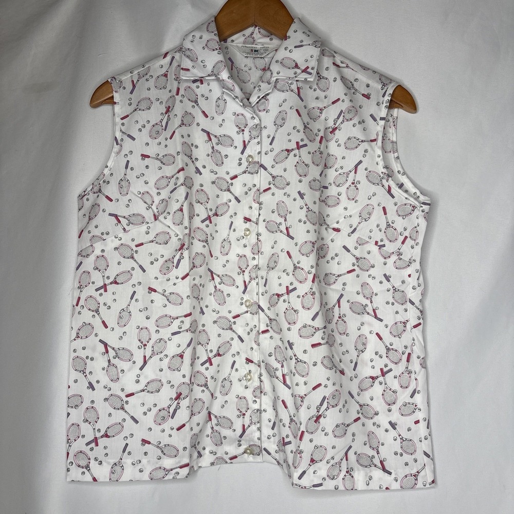 Vtg 70s 36 S/M‎ Tennis Racket Print Sleeveless Blouse SS Kresge Retro Novelty